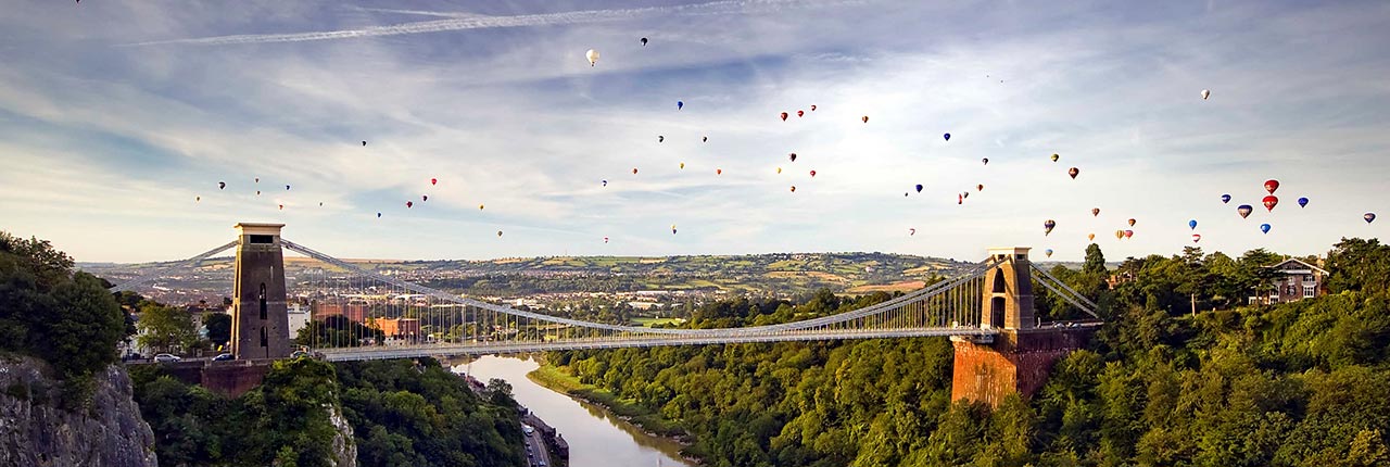 Hot Air Balloons over the Clifton Suspension Bridge in Bristol