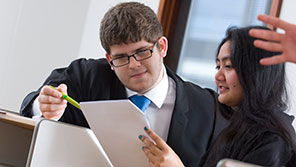 Law students in a mock courtroom