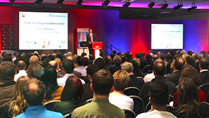 Large audience and presenter at a Bristol Business School event