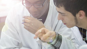 Two male science students working together in a science lab